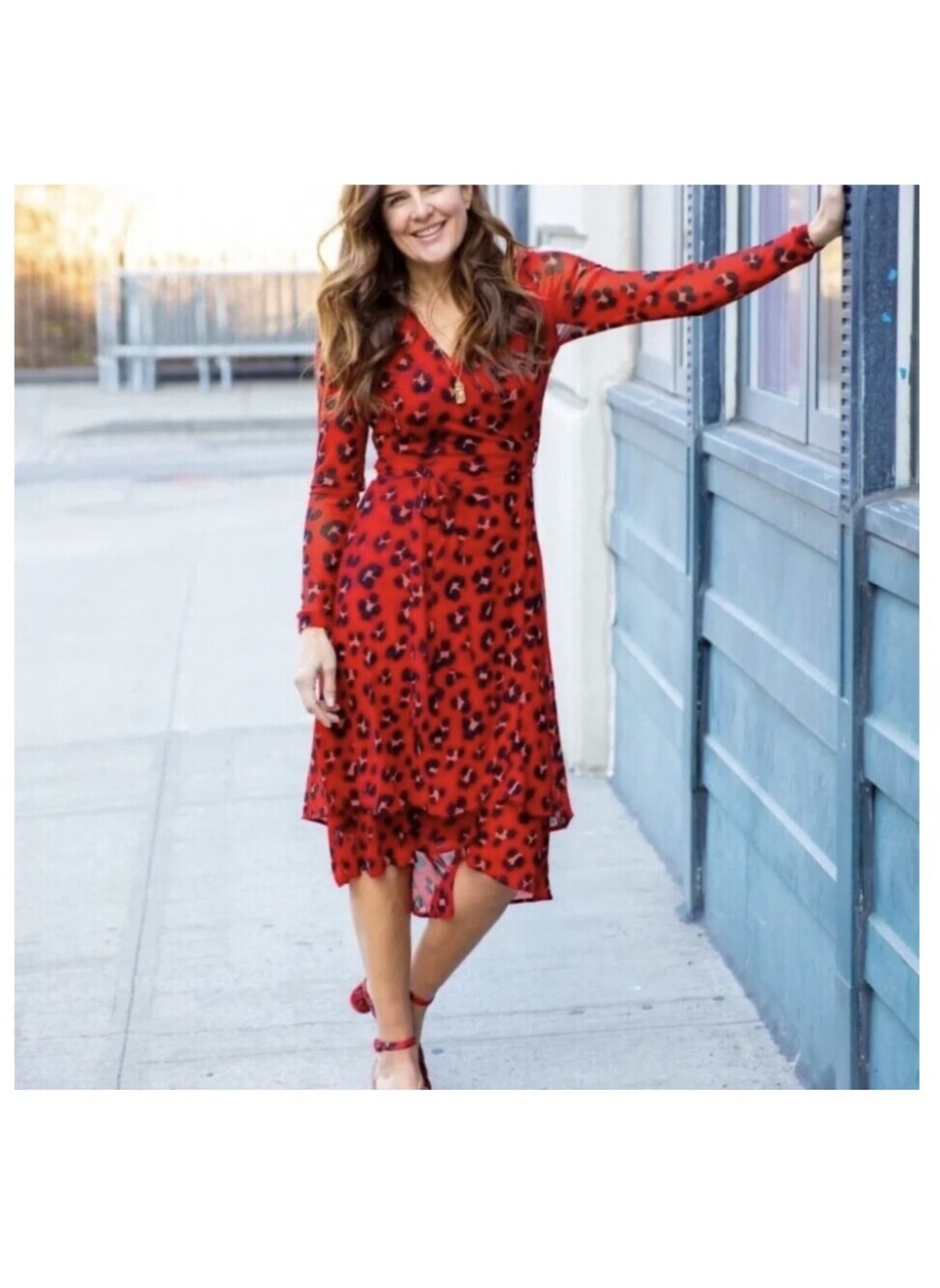CAbi Red and Black Leopard-Print Long Sleeve Wrap Dress 5771
